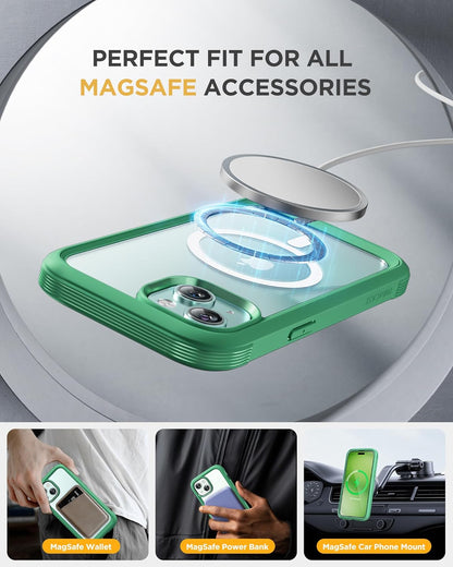 Miracase Magnetic for iPhone 15 Plus Case 6.7'' [Compatible with Magsafe] Full-Body Military Drop Proof 15 Plus Phone Case Cover with Built-in 9H Tempered Glass Screen Protector,Magnetic Green