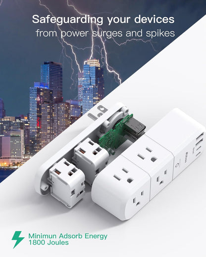 Surge Protector Outlet Extender with Rotating Plug, 6 AC Multi Plug Wall Outlets and 4 USB Ports, 1800 Joules, Swivel Power Strip Electrical Splitter for Home Decor Apartment Dorm Room Essentials