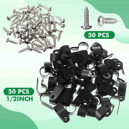 Hicarer 50 Pack R-Type Cable Clip Wire Clamp, Nylon Screw Mounting Cord Fastener Clips with 50 Pack Screws for Wire Management (Black, 1/2 Inch)