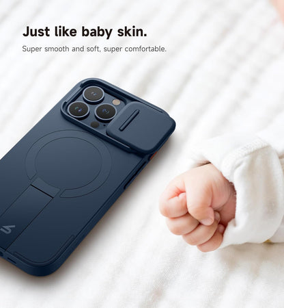 SURITCH for iPhone 15 Pro Case with Magnetic Camera Slide Cover and Adjustable Kickstand, Compatible with MagSafe, Shockproof Bumper Case Slim Protective Cover 6.1 Inch, Blue