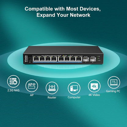 10 Port 2.5G Switch Unmanaged, VIMIN 8X 2.5G Switch Base-T Ports+2X 10G SFP Port, 80Gbps Switching Capacity, IEEE802.3, Metal Housing, Fanless, Work for 2.5Gbps NAS, Wireless AP & PC