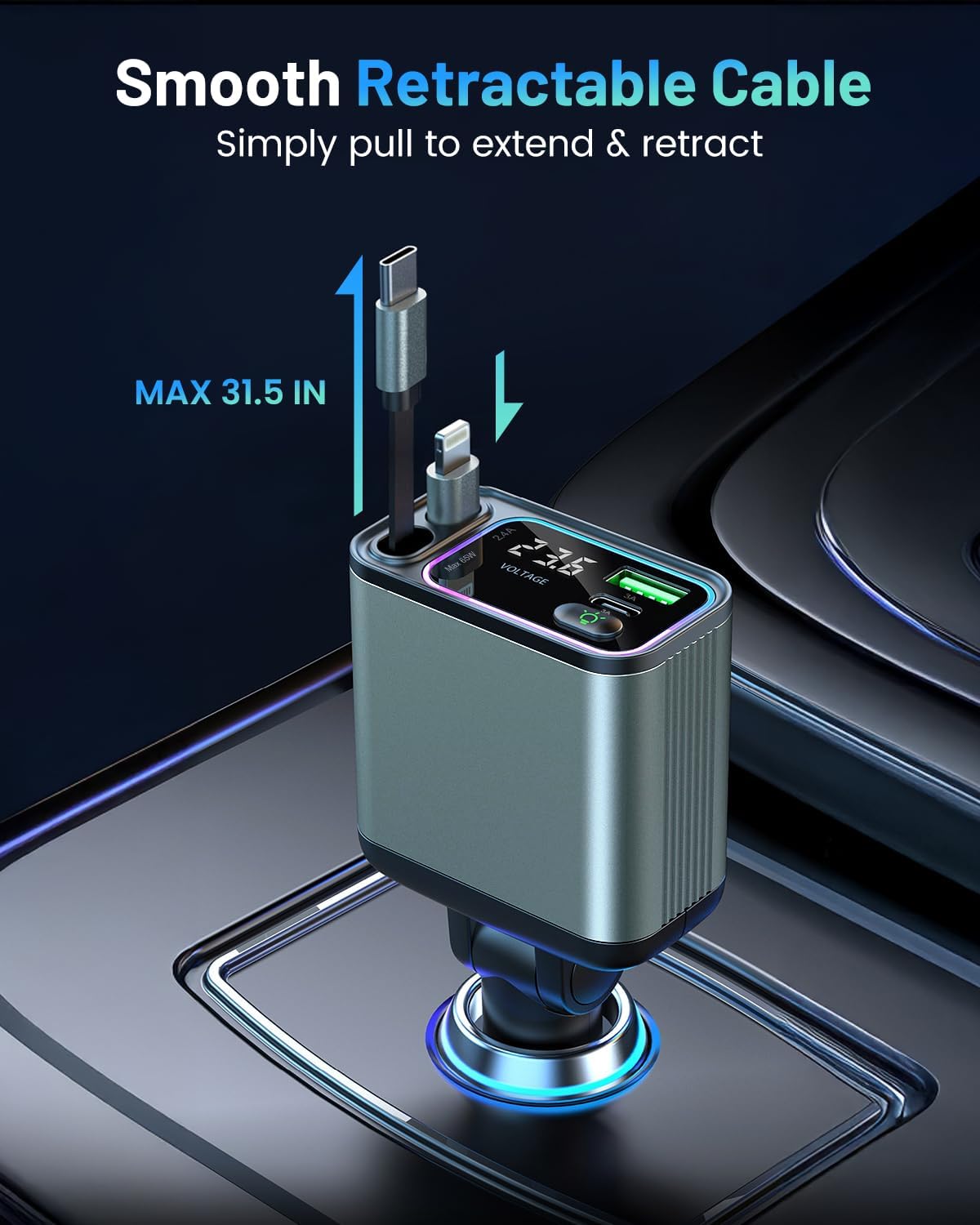 [2 Pack] 4 in 1 Retractable Car Charger with RGB Light, 92W Fast Charging USB C Car Adapter, Compact Car Phone Charger for iPhone/Galaxy/Pixel, Car Accessories for Women Men (Lightning + Type C Cable)