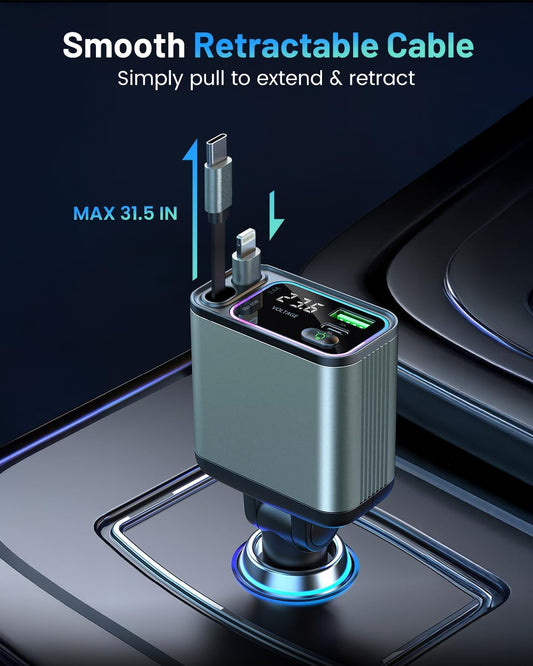 [2 Pack] 4 in 1 Retractable Car Charger with RGB Light, 92W Fast Charging USB C Car Adapter, Compact Car Phone Charger for iPhone/Galaxy/Pixel, Car Accessories for Women Men (Lightning + Type C Cable)