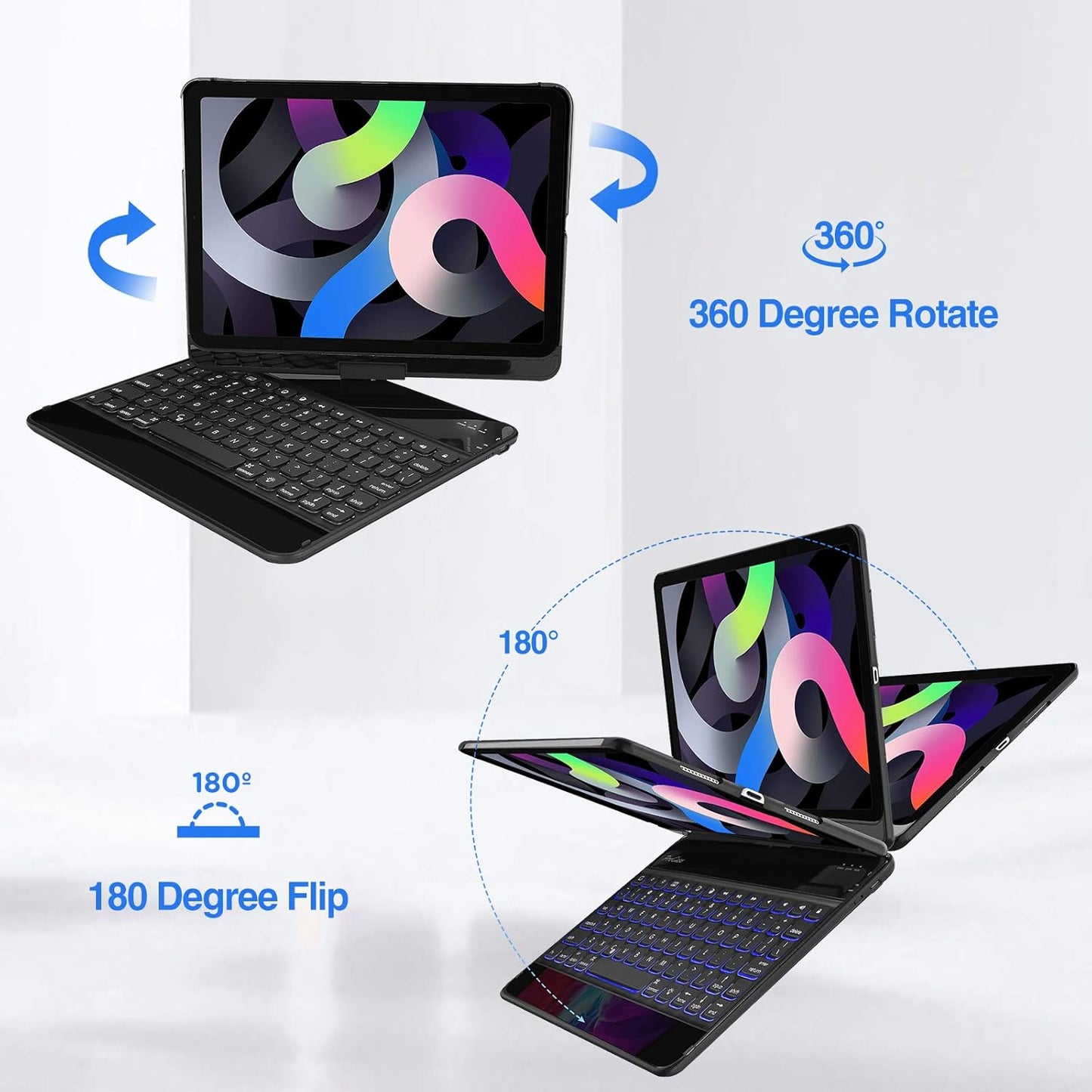 ProCase 360° Rotation Keyboard Case for iPad Air 11" (M3/M2) 2025/2024/Air 5th/4th 10.9" 2022 2020/ iPad Pro 11" 2022 2021 2020 2018, Wireless Keyboard with 7 Colors Backlit, Auto Sleep/Wake -Black