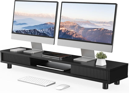 Fenge Dual Monitor Stand, 42.5inch Long Monitor Stands Riser for 2 Monitors, Sliding Door with Storage Organizer Stand for Desk, 2 Tier Desk Shelf for Laptop, Pc, Printer, Computer, TV