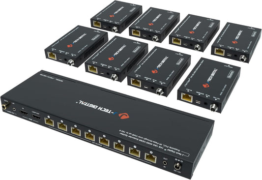 J-Tech Digital HDMI 2.0 4K Extender Splitter Over Single Cable CAT6 with PoC Up to 196 FT 1-in 8-Out w/Local Loop Output & Low Latency [JTECH-18EX50]