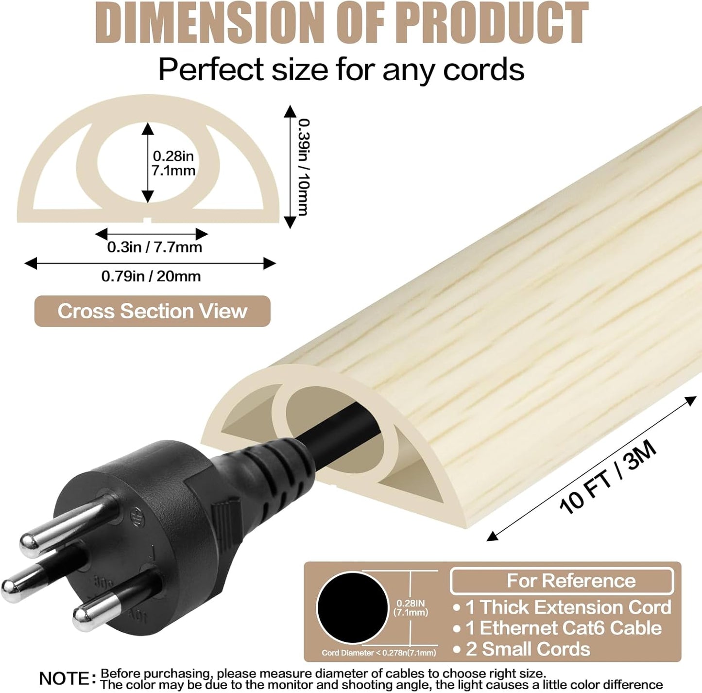 Floor Cord Cover Self Adhesive Cord Hider,10FT Cable Management, Extension Strip Protector for Wires, Prevent Cable Trips for Offices, Gyms, Exhibitions Cavity:0.3"(W) x 0.28"(H) Yellow Wood
