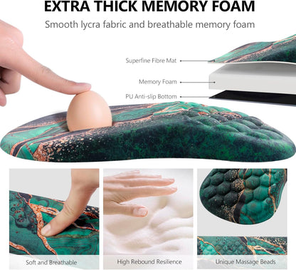Mouse Pad Wrist Support, Laokiiy 2 in1 Keyboard Wrist Rest+ Ergonomic Mouse Pad, Non-Slip Wrist Rest for Computer Keyboard, Made Easy Typing & Relieve Wrist Pain（Green Gold Black Marble）