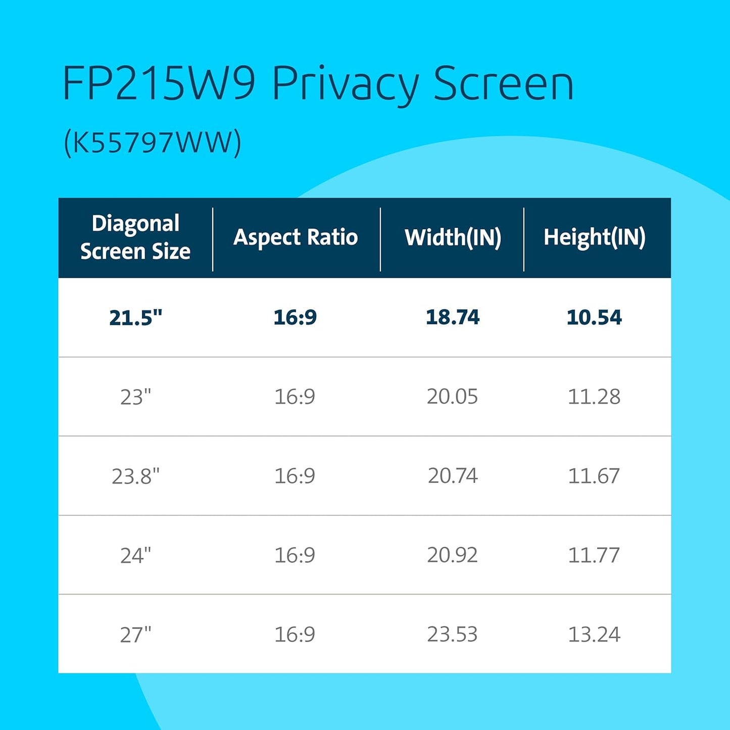 Kensington 21.5 inch Computer Privacy Screen for Desktop, 16:9 Widescreen Monitor, FP215W9 Anti-Glare Blue Ray Reduction Computer Privacy Filter, Matte and Glossy Viewing Options, K55415WW