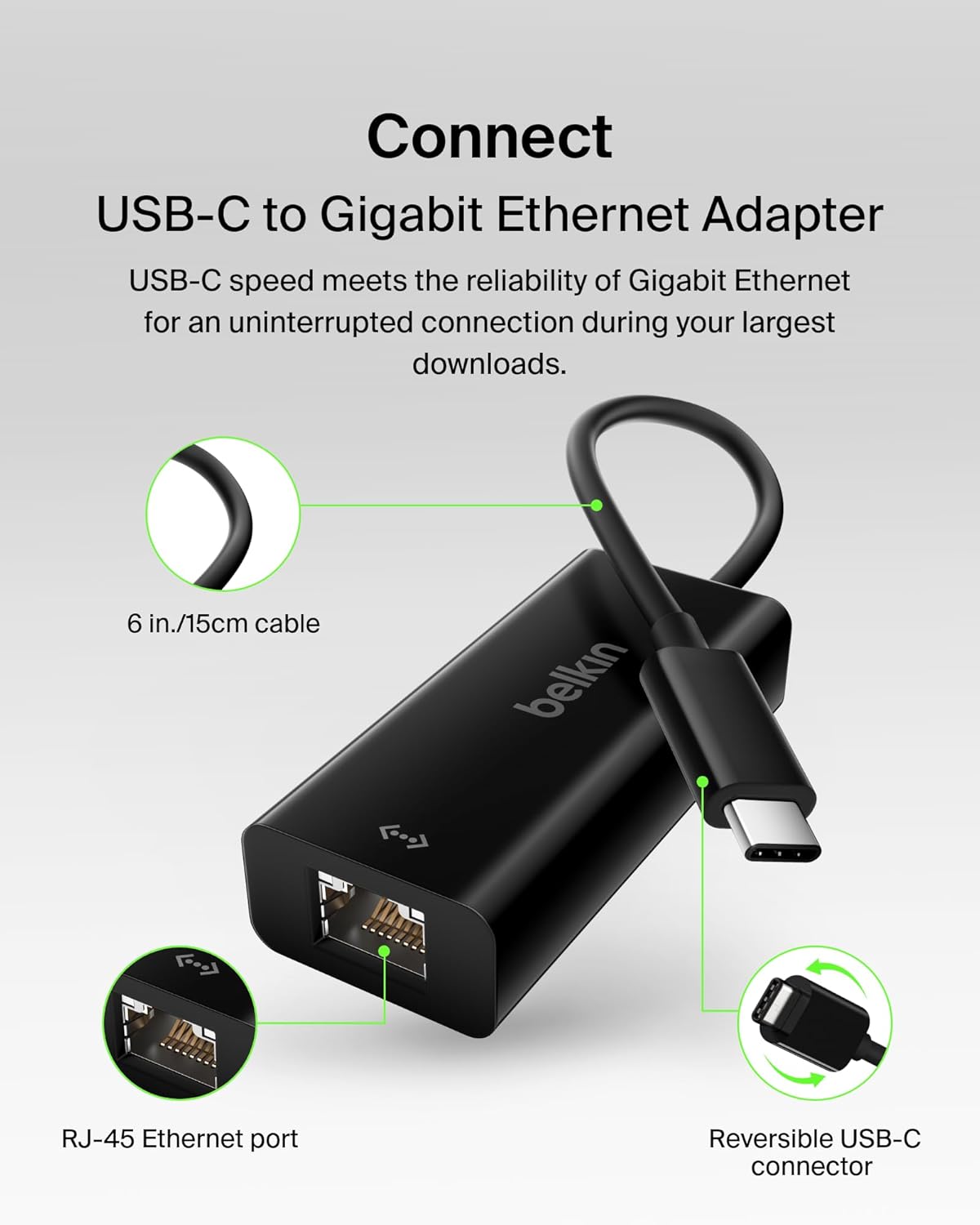Belkin USB-C to Ethernet Adapter, Gigabit Ethernet Port Compatible w/ USB-C Devices, USB-C to Ethernet Cable for MacBook Pro & Dell XPS 13” Laptops, Ethernet USB-C Hub, Ethernet USB-C Adapter - Black