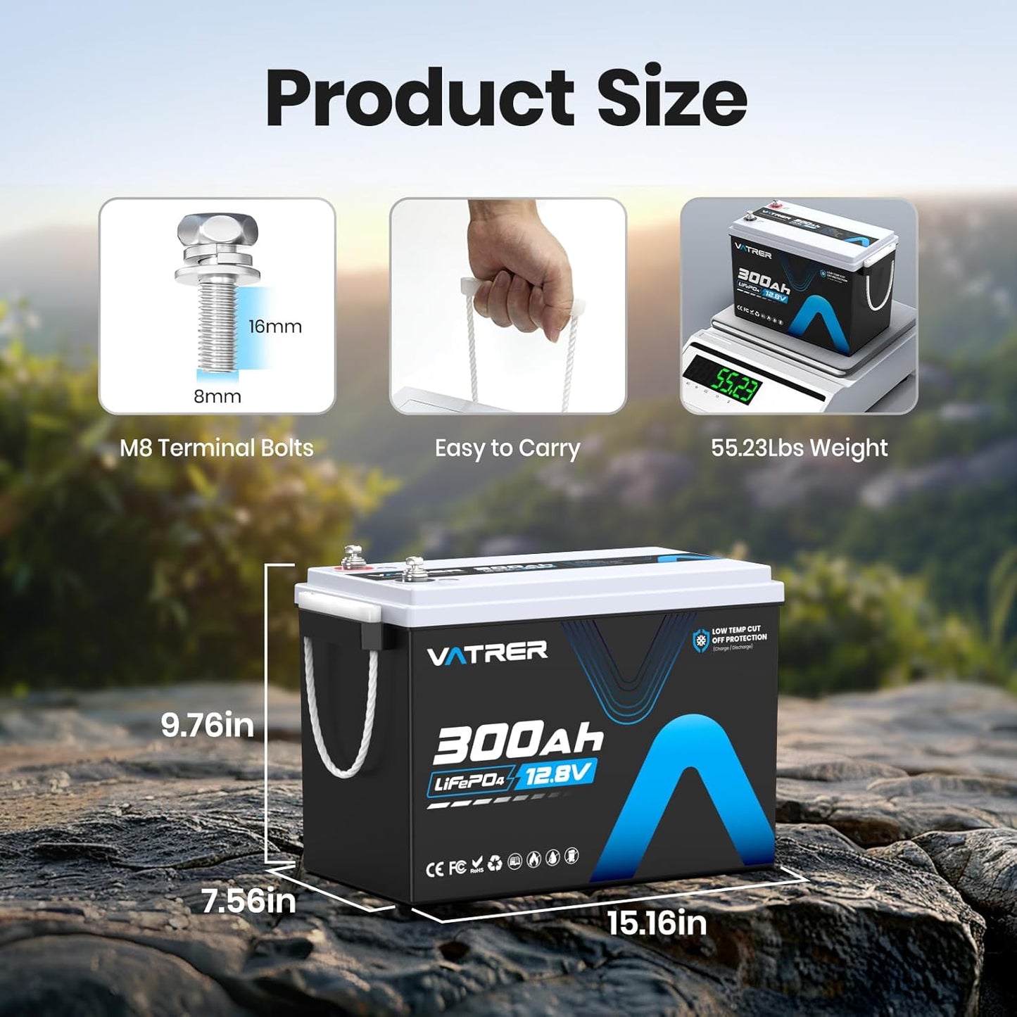 12V 300AH Low Temp Cutoff LiFePO4 Battery, Built in 200A BMS, Max 2560W Power Output, 5000+ Cycles Rechargeable Lithium Deep Cycle Battery, Perfect for RV/Camper, Backup Power, Solar and Off Grid