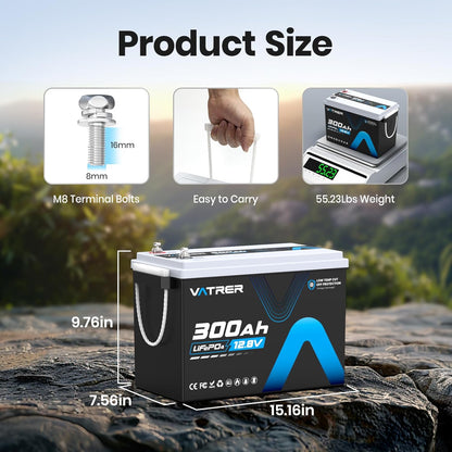 12V 300AH Low Temp Cutoff LiFePO4 Battery, Built in 200A BMS, Max 2560W Power Output, 5000+ Cycles Rechargeable Lithium Deep Cycle Battery, Perfect for RV/Camper, Backup Power, Solar and Off Grid