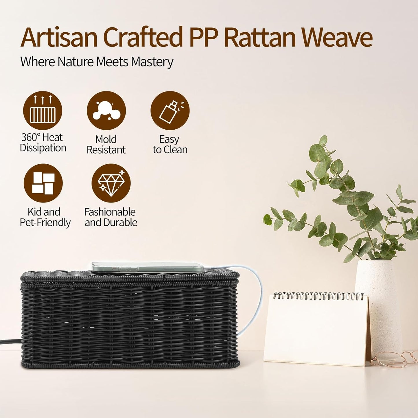 Delamu Handmade Rattan Cable Management Box, Cord Organizer with 2 Open Slots, Desk Cord Hider Box for Computer Router USB Hub Power Strip, 12.5" Lx 5.1" Wx 5.1" H, Black