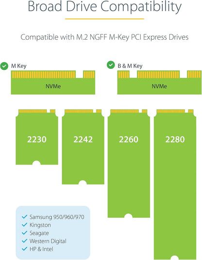 StarTech.com USB-C 10Gbps M.2 NVMe PCIe SSD Enclosure - Rugged Aluminum External M.2 PCIe M-Key Case IP67 Rated - 1GB/s Read/Write - Supports 2230/2242/2260/2280 - TB3 Compatible - Mac/PC, TAA