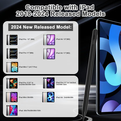 Pencil 2nd Generation for iPad 2018-2024 with Magnetic Wireless Charging Compatible with Apple iPad Pro 13”(M4)/12.9”/11”,iPad Air 6(M2)/5/4/3,iPad mini 7(A17 Pro)/6/5,iPad10/9/8/7/6 Black