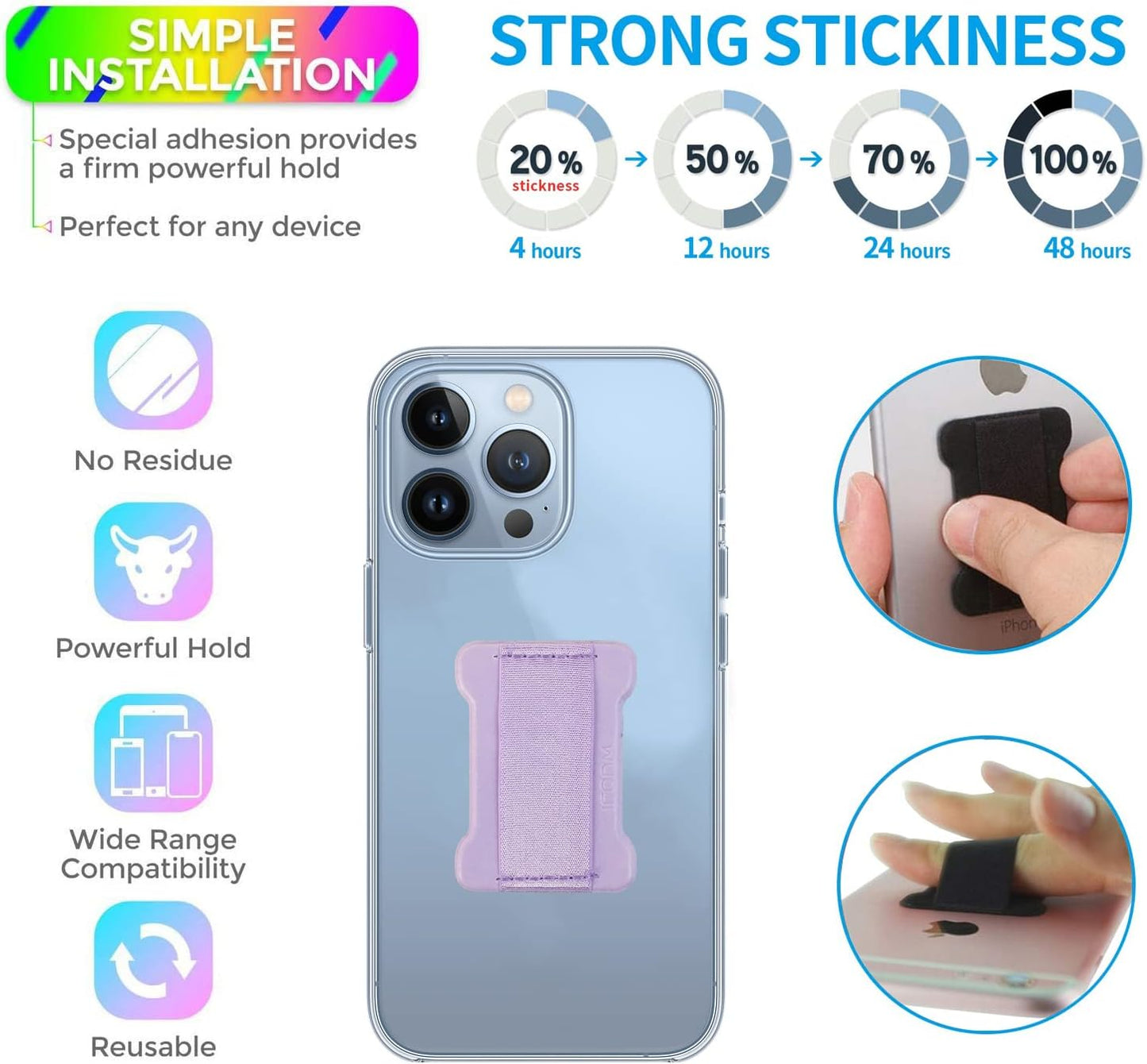 Universal Phone Grip for Smartphones - Phone Holder for Hand - Wireless Charging Compatible - 2Pack (Purple)