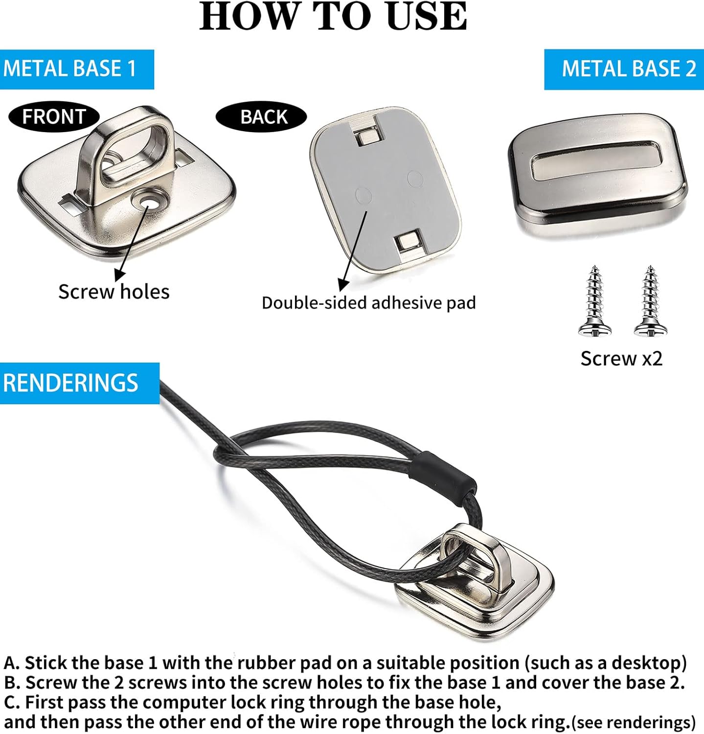 3 Pack Anti Theft Self Adhesive Security Plate for Cables to Lock Down Laptops, Mac Book, Tablets, iPad, or Other Computer
