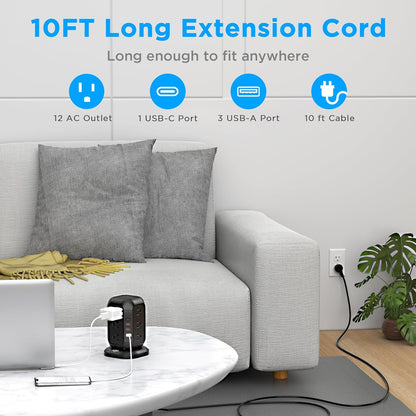 AiJoy Power Strip Tower Surge Protector with 12 AC Outlets, 3 USB-A & 1 USB-C Ports, 10 FT Extension Cord, Charging Station with Overload Protection, for Home Office Dorm Living Room
