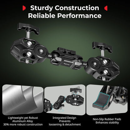 SMALLRIG Double Super Clamp Mount with Magic Arm, 360° Ballhead Pole Clamp for Umbrella, Chair Monitor Desk Photo Studio Light Stand, Photography Reflector, Motorcycle,Tripod Mount for Cross Bar