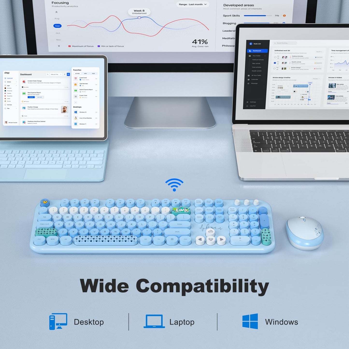 KNOWSQT Wireless Keyboard and Mouse Combo - Lovely Blue Rainbow Full-Sized Typewriter Colorful Keyboards, Round Keycap USB Plug Play Retro Cute Keyboards for Windows, Laptop, PC, Desktop, Computer