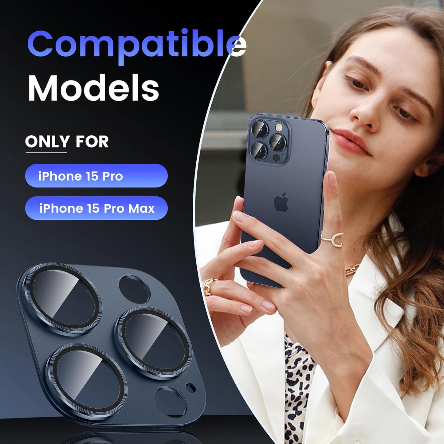 Tensea for iPhone 16 Pro/iPhone 16 Pro Max/iPhone 15 Pro/iPhone 15 Pro Max Camera Lens Protector, Metal Aluminum Alloy Tempered Glass Cover Camera Screen Protector Accessories, Case Friendly Blue