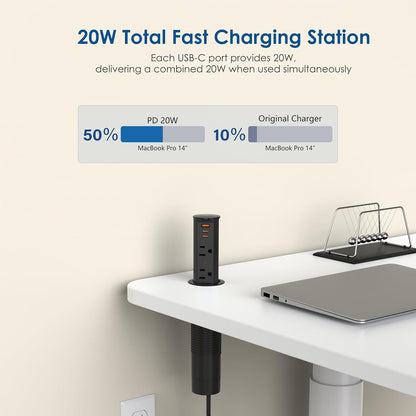2 Inch Pop Up Outlet for Countertop,Power Grommet 2-inch Desk Wire Hole Insert,20W USB C,2 Outlets,2 USB C/1 USB A,Recessed Outlet,Desk Charging Station (Black, 6 FT Cable)