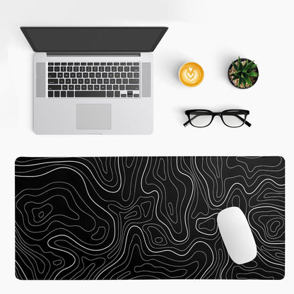 Topographic Contour Black Gaming Mouse Pad XL Geographic Map Lines Extended Big Large Desk Mat Non-Slip Rubber Base Stitched Edge Long Keyboard Mousepad for PC Computer Laptop,31.5x11.8 Inch