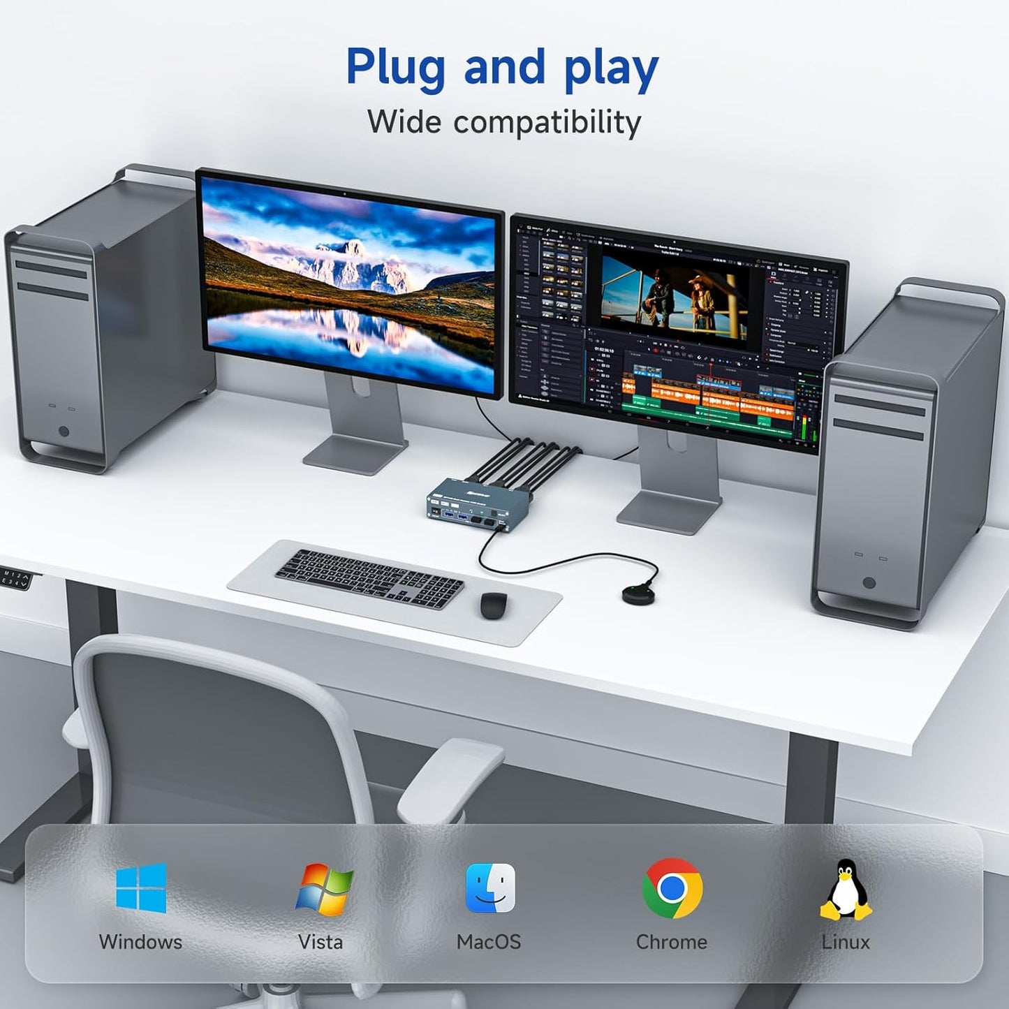 HDMI Displayport Hybird KVM Switch 2 Monitors 2 Computers 8K@60Hz 4K@144Hz, Aluminum Dual Monitor KVM Switches for 2 PC Share 2 Monitor and 4 USB Devices, Support Extended/Copy Mode,Cables Included