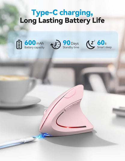 TECKNET Ergonomic Mouse, Rechargeable 2.4G+Bluetooth Vertical Mice 6 DPI Adjustable, Wireless Optical Carpal Tunnel Mouse for Right Hand, Silent 6 Buttons for Laptop, PC, MacBook, iPad - Pink