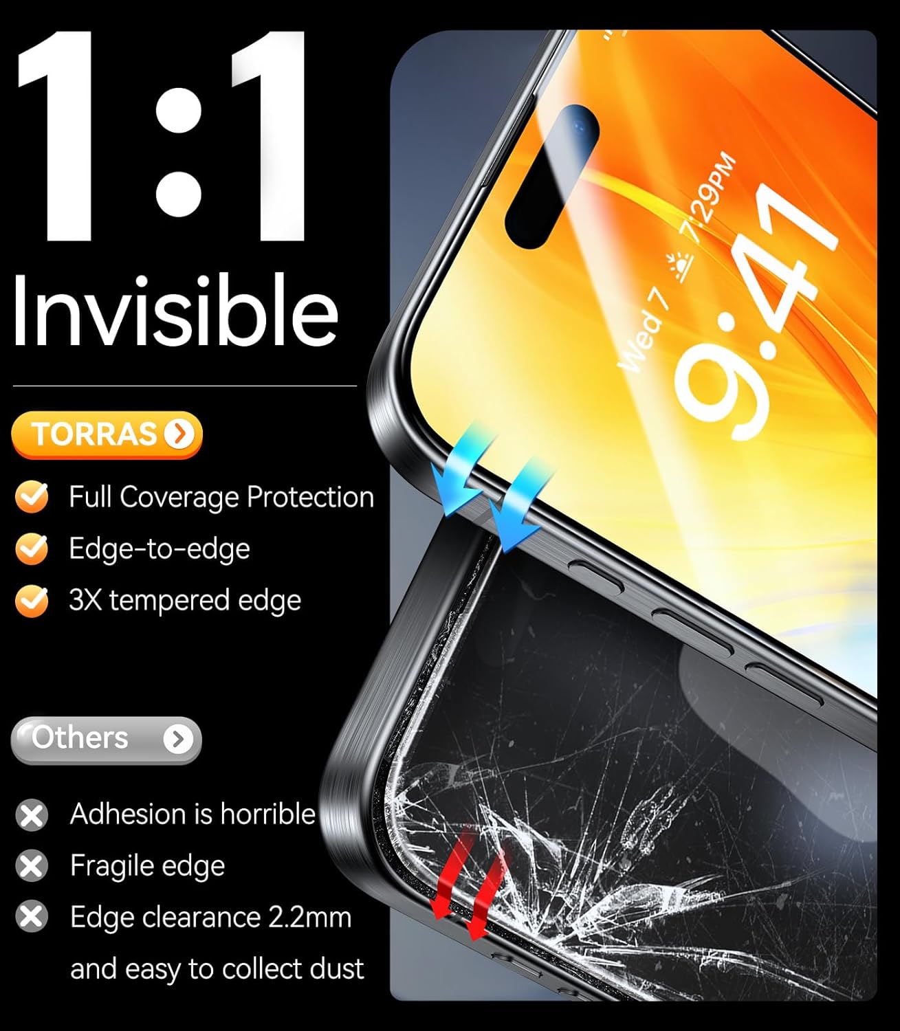 TORRAS Military-grade aerospace glass for iPhone 16 Screen Protector [9H＋Unbreakable from 12-foot Drop,Longest Durable],GlassGo X Glass for iPhone 16,2 Packs