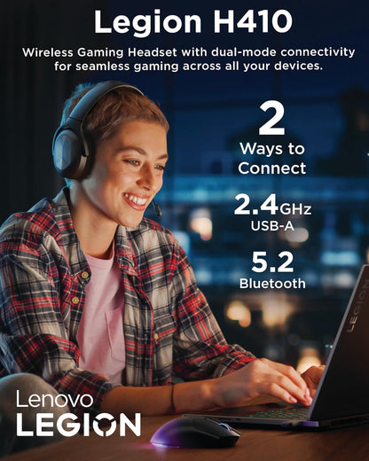 Lenovo Legion H410 Wireless Gaming Headset, Bluetooth or 2.4 GHz USB-A Connection, Lightweight (304 Grams), Adjustable Headband, Flip to Mute Mic, Black