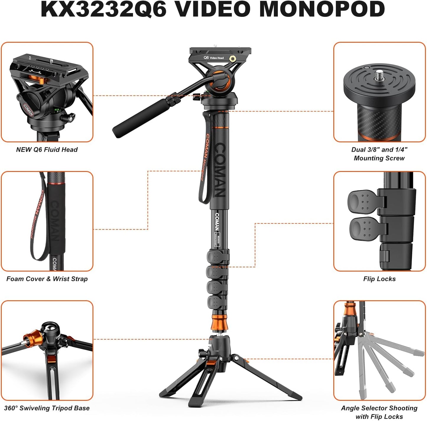 Professional Camera Monopod with Feet, 73.2 inch Aluminum Portable Travel Video Monopod with Removable Tripod Stand Base, Max Load 22 Lbs, New Q6 Fluid Head for DJI RS4 Manfrotto