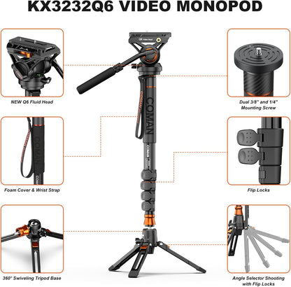 Professional Camera Monopod with Feet, 73.2 inch Aluminum Portable Travel Video Monopod with Removable Tripod Stand Base, Max Load 22 Lbs, New Q6 Fluid Head for DJI RS4 Manfrotto