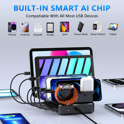 Charging Station for Multiple Devices,68W 6 Ports USB Charger Station with 20W PD USB-C Fast Charging,8 Cables Compatible with Cellphone,Tablet, Kindle, Apple Watch and More