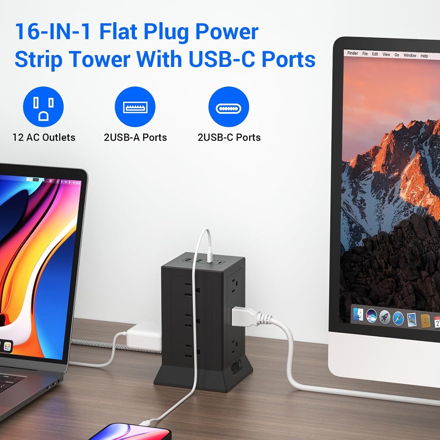 Power Strip Tower with Multiple Outlets 16.5 Ft Extension Cord Flat Plug with 12 AC Outlets 4 USB Ports (2 USB C), Power Tower Surge Protector with Individual Switches for Home Office Dorm Room, Black