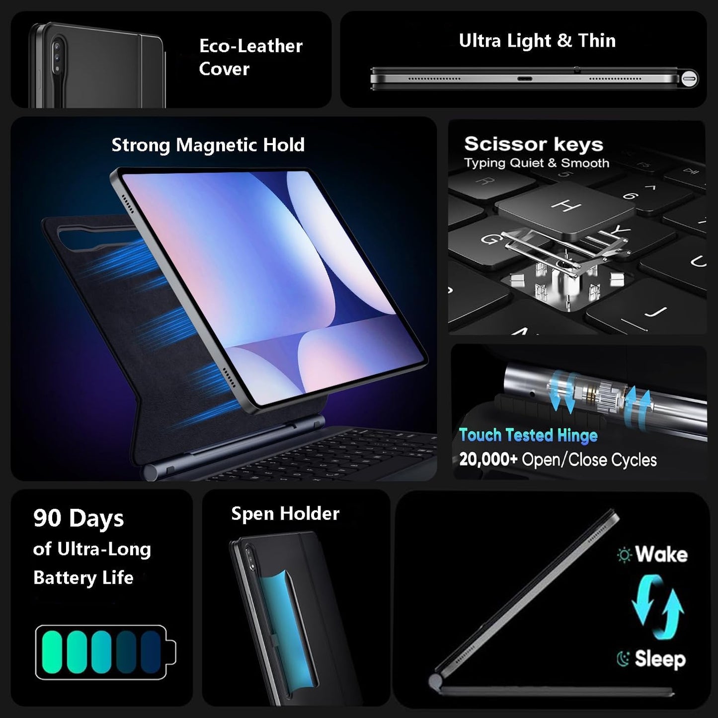 Magic Keyboard Case for Samsung Galaxy Tab S10+ Plus/S9+ Plus/S9 FE+ Plus/S8+ Plus/S7+ Plus/S7 FE 12.4 Inch, Rainbow Color Backlit Keyboard - Multi-Touch Trackpad - Floating Cantilever Stand, Black