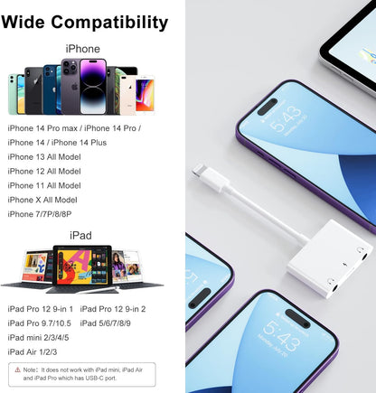 3 in 1 Dual 3.5mm Headphone Jack Adapter - Earphone Jack Audio and Charging Adapter - Headphone Splitter for iPhone 14/13/ 12/11/ X/ 8 - White