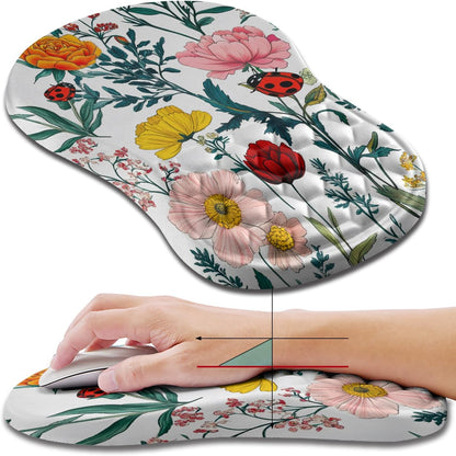 Hokafenle Ergonomic Mouse Pad Wrist Support, Wrist Rest Mousepad for Carpal Tunnel Pain Relief with Integrated Memory Foam Slope Massage Bulge (11.8x7.9 inch,Flowers and Ladybugs