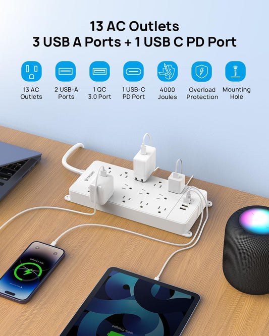 TROND Surge Protector Power Strip with USB C, Flat Plug Extension Cord 5 ft, 13 Wide Spaced Outlets, 4000 Joules, 32W Quick Charge 3.0 &, Wall Mount, Under Desk, Heavy Duty ETL Listed, White