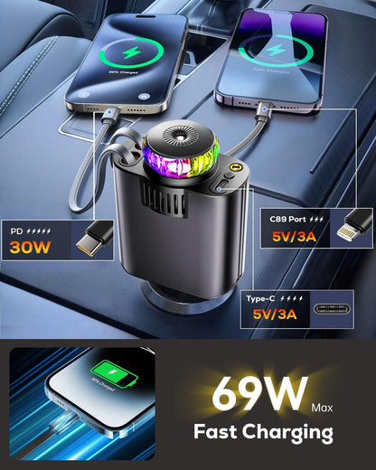 Retractable Car Charger with Air Freshener Diffuser & Star Lights,Multi Port Cigarette Lighter Adapter for iPhone Car Phone Charger USB-C/Type-C Fast Charging with 2 Retractable Cable (Black)