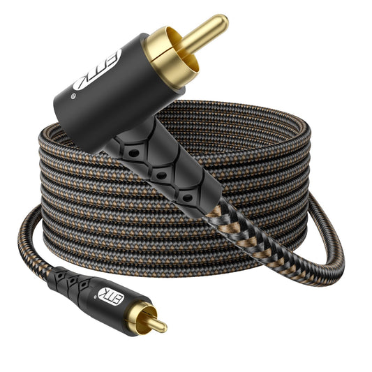 EMK 90 Degree RCA Subwoofer Cable 24K Gold-Plated Connector Nylon Braided Double Shielded – Support Digital & Analog Signals for Amplifier, Home Theater, Hi-Fi System,Subwoofer Black/30ft/10m