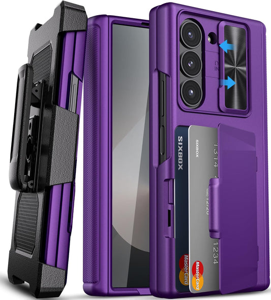 for Samsung Galaxy Z Fold 6 Case with Card Holder & Belt Clip & Slide Lens Cover, Built-in Hinge Protection & Screen Protector, Durable Wallet Phone Cover Case for Z Fold 6 5G 2024, Dark Purple