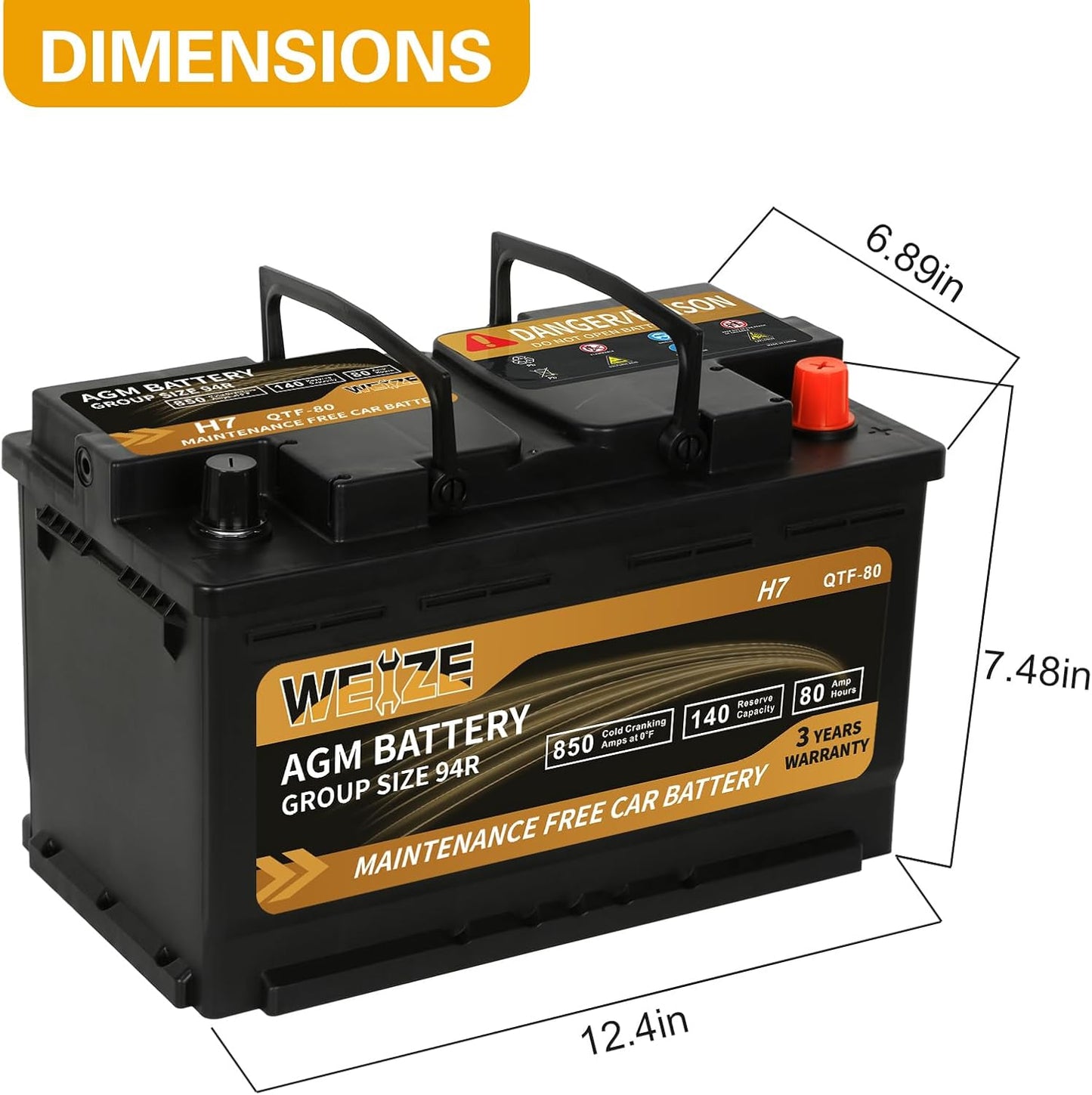 Weize Platinum AGM Battery BCI Group 94R - 12v 80ah H7 Size 94R Automotive Battery, 140RC, 850CCA, 36 Months Warranty, Dimensions 12.4" L x 6.89" W x 7.48" H