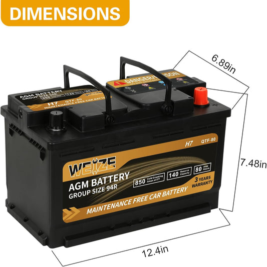 Weize Platinum AGM Battery BCI Group 94R - 12v 80ah H7 Size 94R Automotive Battery, 140RC, 850CCA, 36 Months Warranty, Dimensions 12.4" L x 6.89" W x 7.48" H