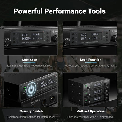 Phenyx Pro Dual UHF Wireless Microphone System，Auto-Scan Cordless Mic Set w/ 2x100 Frequencies, 2 Bodypacks & Headsets/Lapel Microphones for Speaking, Singing, Church, DJ (PTU-71-2B)