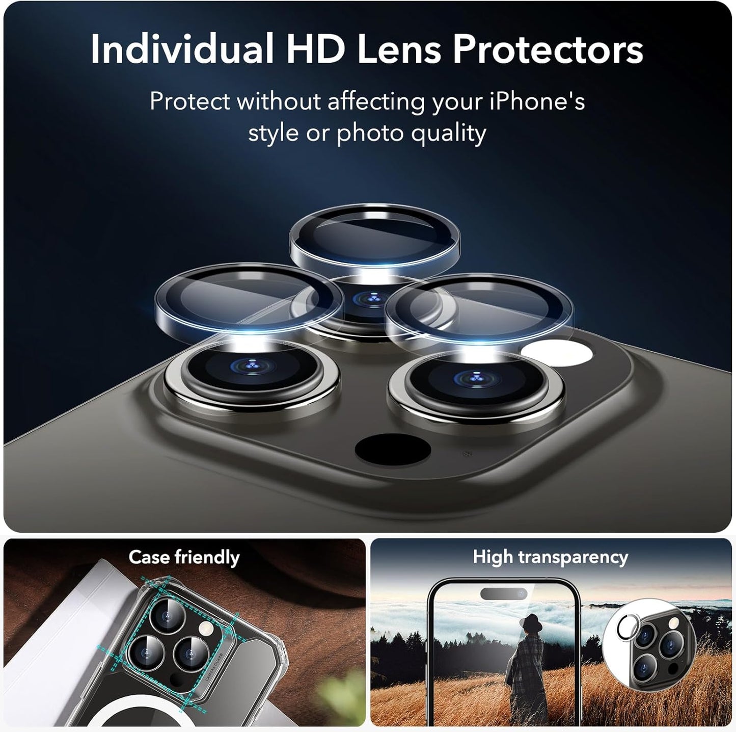 ESR 3+2 Pack for iPhone 15 Pro Screen Protector, [9H Hardness] [Military Grade Shatterproof] Full Coverage Ultra-tough Tempered Glass Film with Easy Installation Frame, 2 Set of Camera Lens Protector