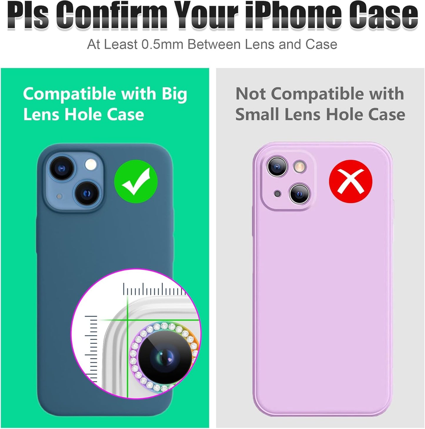 AGVEE 3+3 6 Pack for iPhone 13 6.1" / 13 Mini 5.4" Camera Lens Cover Protector, Bling Diamond & Bling Glitter Metal Ring 9H Tempered HD Glass Camera Cover Protector Film, Bling-Colorful