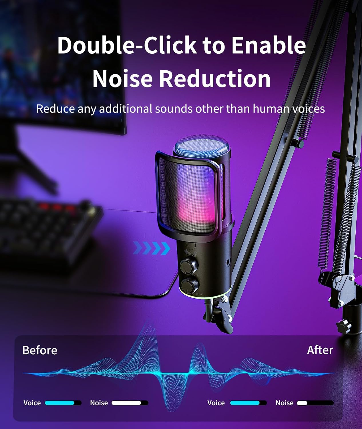 Gaming USB Microphone Kit with Boom Arm - RGB Condenser Mic with Noise Cancellation, Mute Button Reverb Adjustment, Monitoring for Streaming, Podcasting, Discord, YouTube