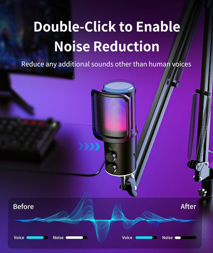 Gaming USB Microphone Kit with Boom Arm - RGB Condenser Mic with Noise Cancellation, Mute Button Reverb Adjustment, Monitoring for Streaming, Podcasting, Discord, YouTube