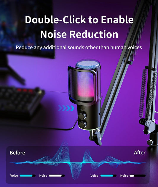 Gaming USB Microphone Kit with Boom Arm - RGB Condenser Mic with Noise Cancellation, Mute Button Reverb Adjustment, Monitoring for Streaming, Podcasting, Discord, YouTube